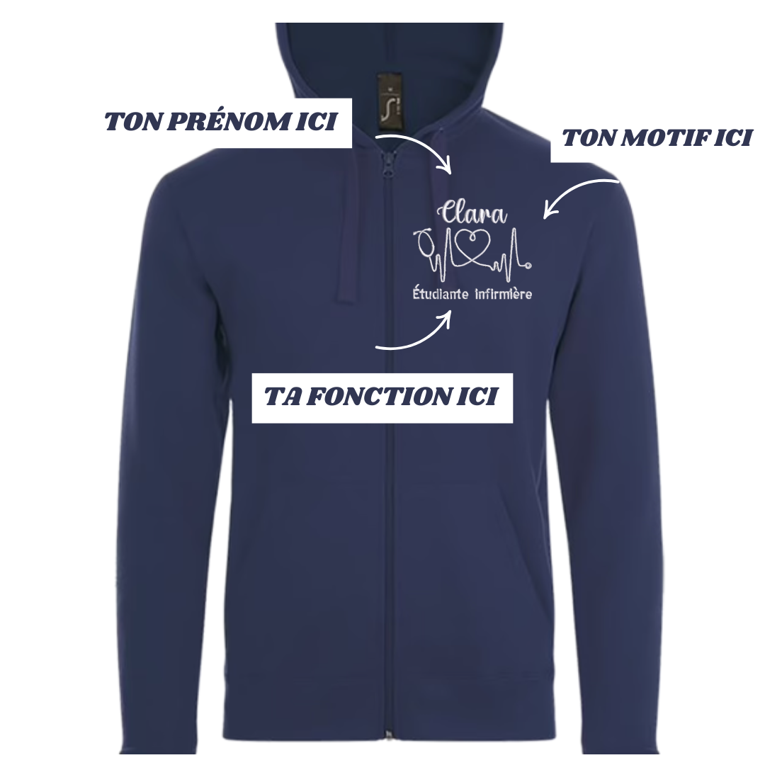 Sweat zip bleu marine soignant personnalisé