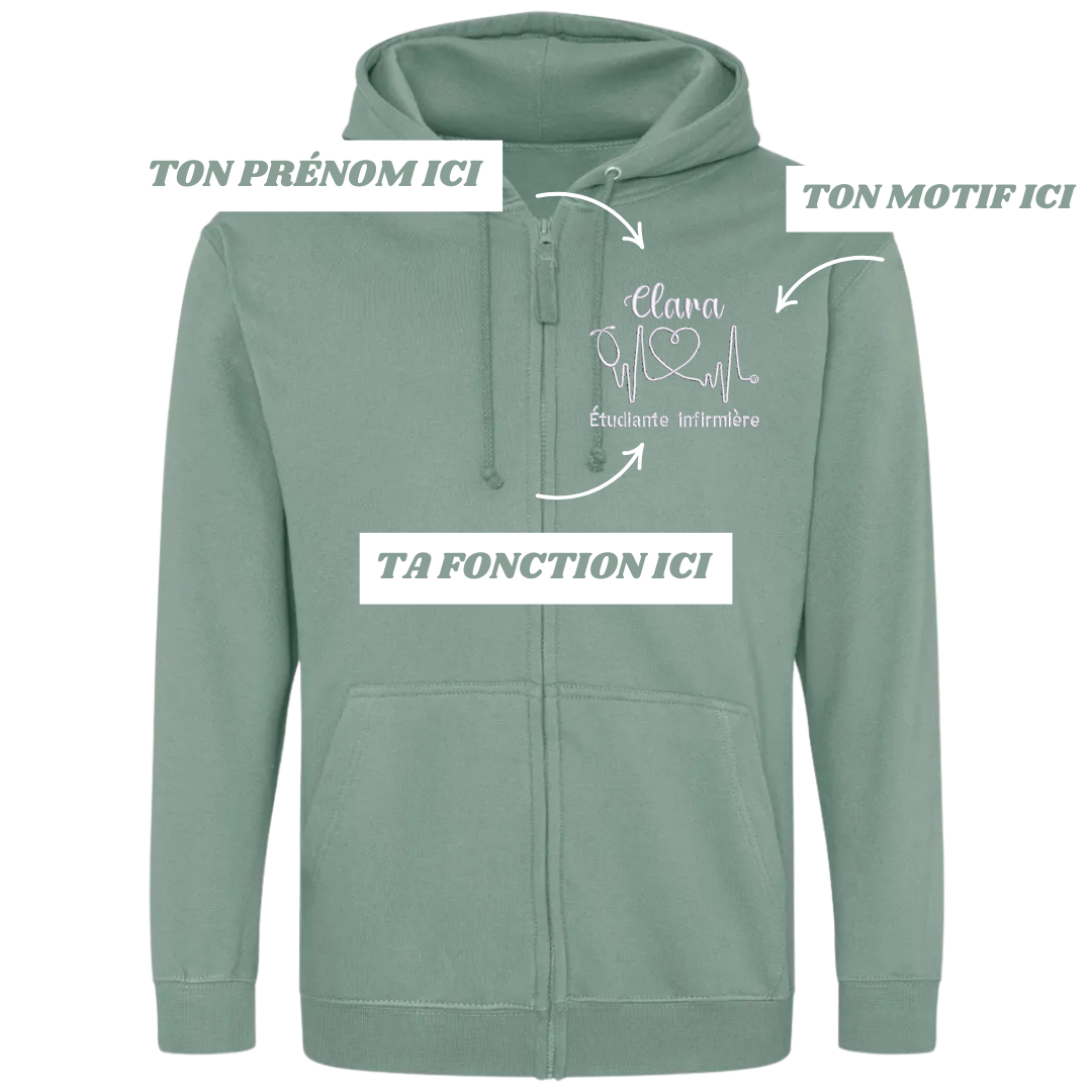 Sweat zip vert pastel soignant personnalisé