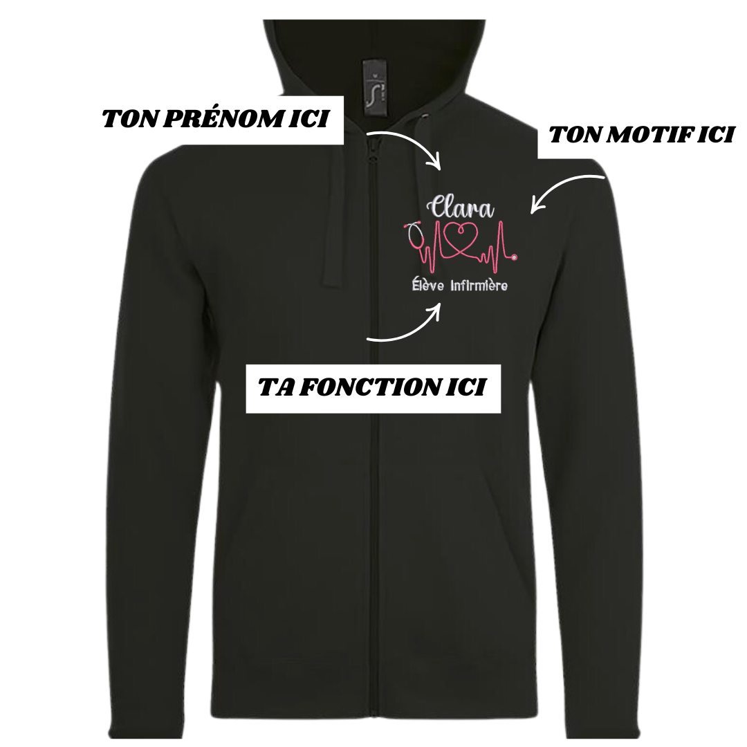 Sweat zip noir soignant personnalisé