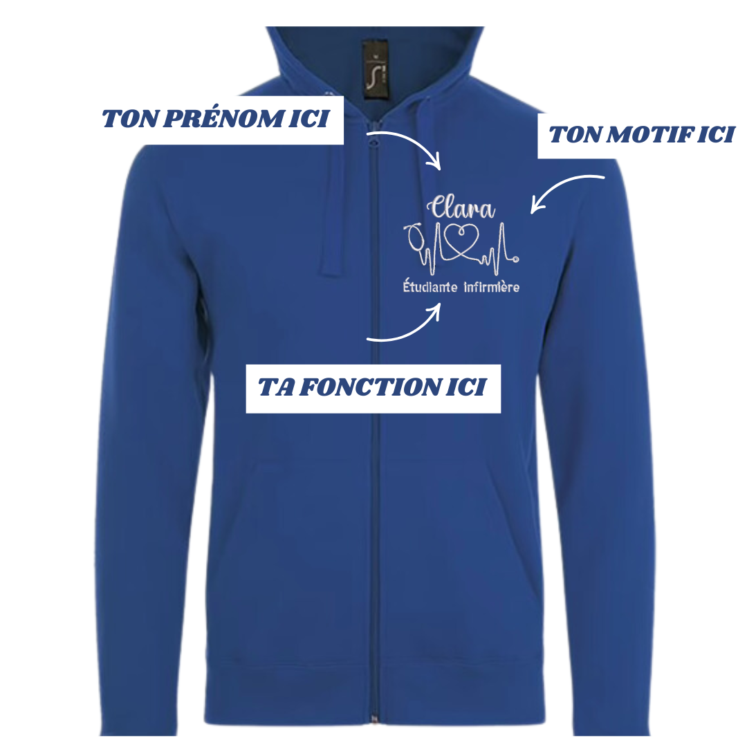 Sweat zip bleu roi soignant personnalisé