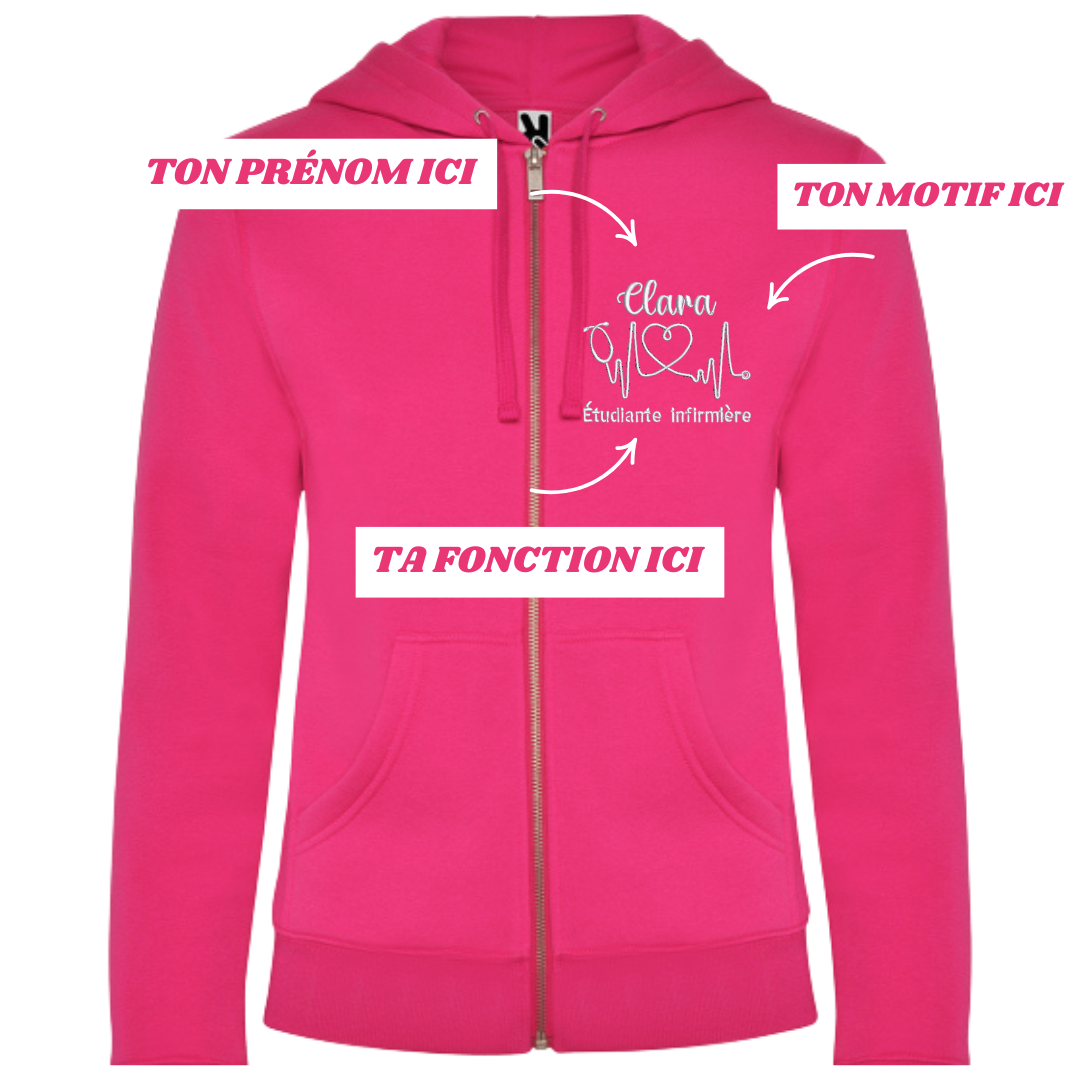 Sweat zip fuchsia soignant personnalisé