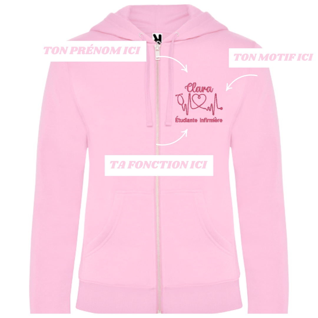 Sweat zip rose pastel soignant personnalisé