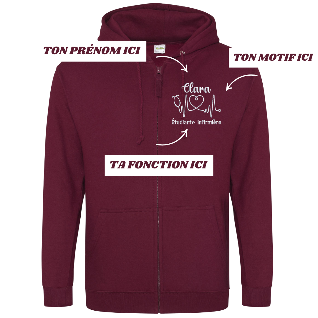 Sweat zip bordeaux soignant personnalisé
