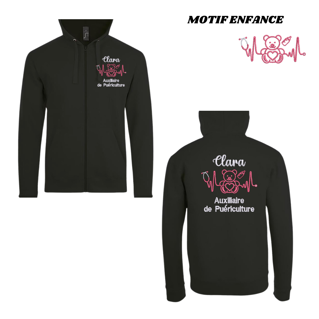 Sweat zip noir soignant personnalisé