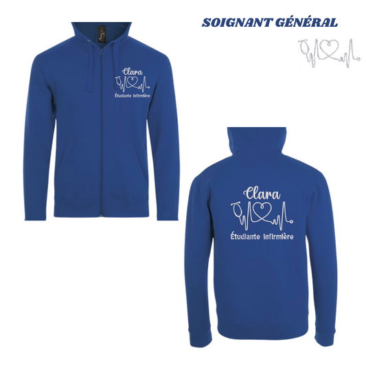 Sweat zip bleu roi soignant personnalisé