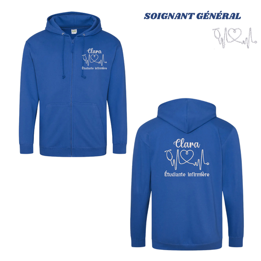 Sweat zip bleu roi soignant personnalisé