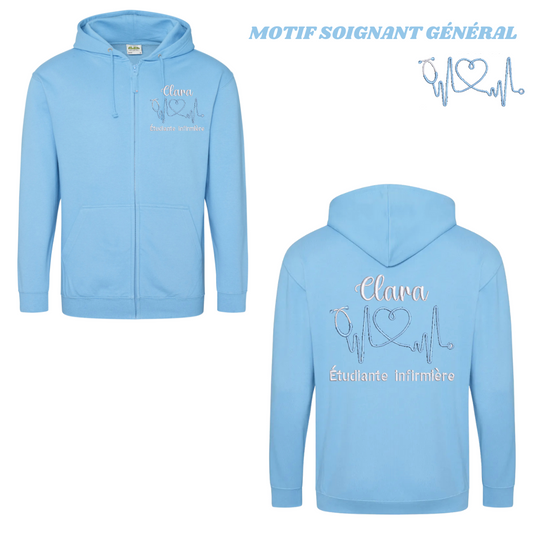 Sweat zip bleu pastel soignant personnalisé