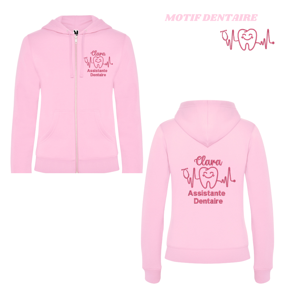 Sweat zip rose pastel soignant personnalisé