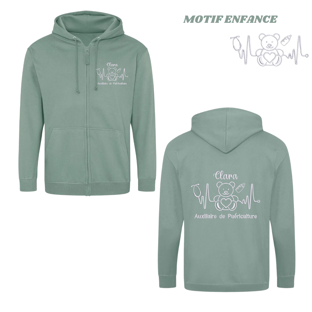 Sweat zip vert pastel soignant personnalisé