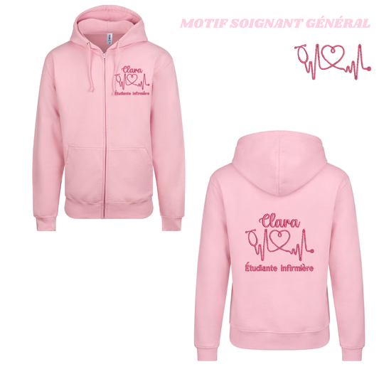 Sweat zip rose pastel soignant personnalisé