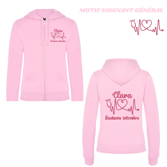 Sweat zip rose pastel soignant personnalisé