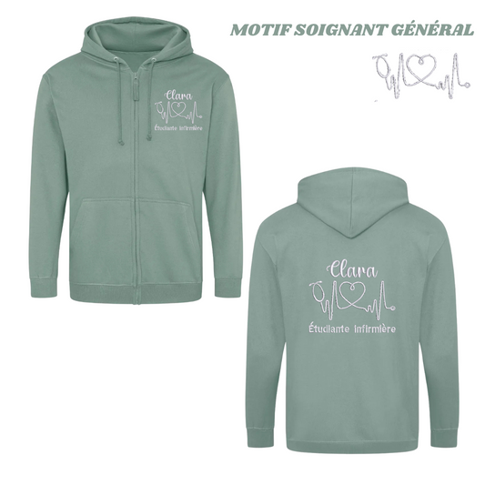Sweat zip vert pastel soignant personnalisé