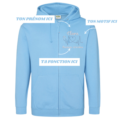 Sweat zip bleu pastel soignant personnalisé