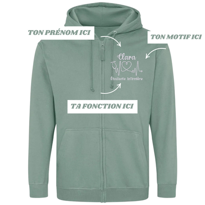 Sweat zip vert pastel soignant personnalisé
