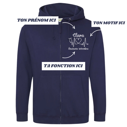 Sweat zip bleu marine soignant personnalisé