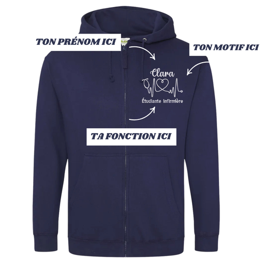 Sweat zip bleu marine soignant personnalisé
