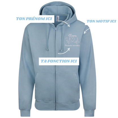Sweat zip bleu pastel soignant personnalisé