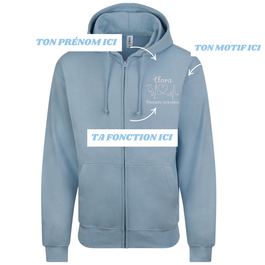 Sweat zip bleu pastel soignant personnalisé