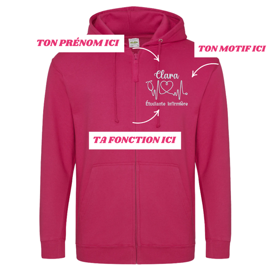 Sweat zip fuchsia soignant personnalisé