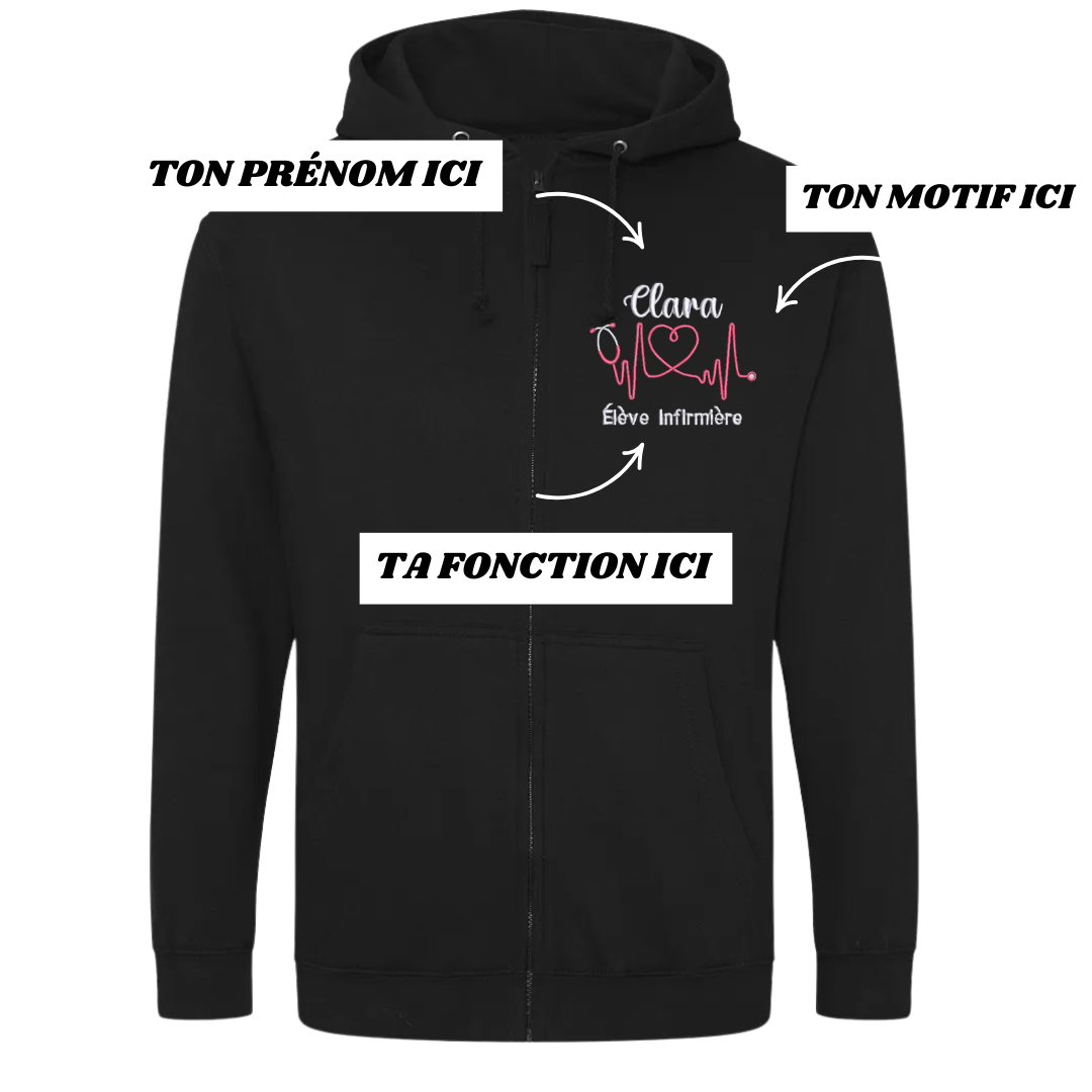 Sweat zip noir soignant personnalisé