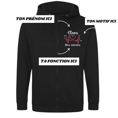 Sweat zip noir soignant personnalisé