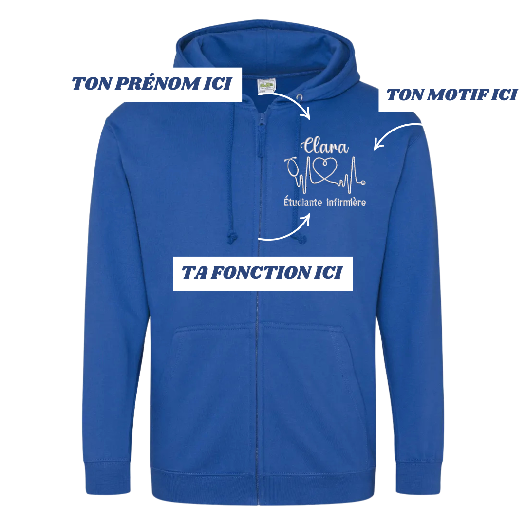 Sweat zip bleu roi soignant personnalisé