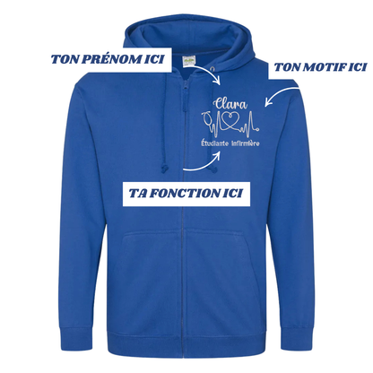 Sweat zip bleu roi soignant personnalisé