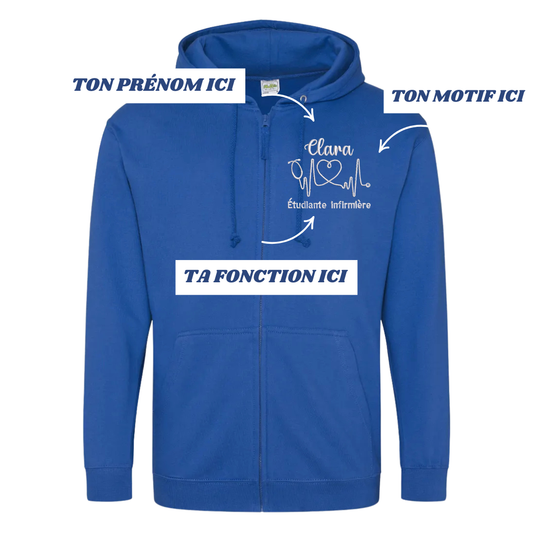 Sweat zip bleu roi soignant personnalisé