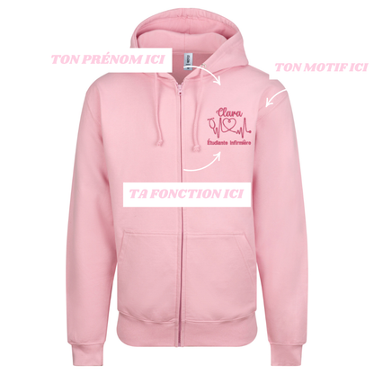 Sweat zip rose pastel soignant personnalisé