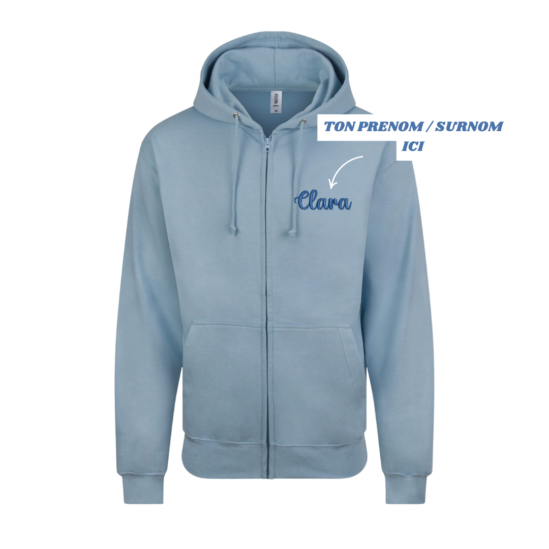 Sweat zip bleu pastel soignant personnalisé