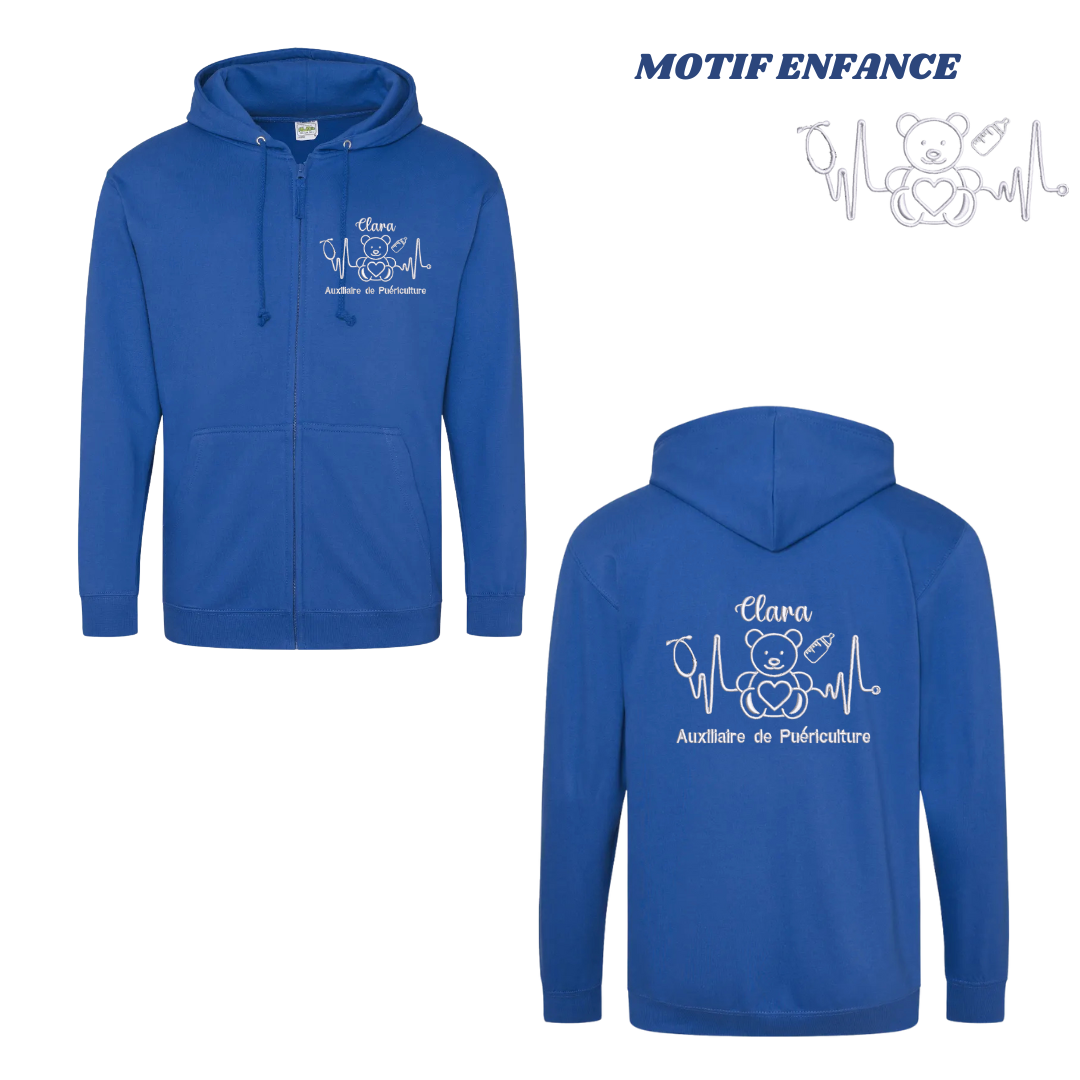 Sweat zip bleu roi soignant personnalisé