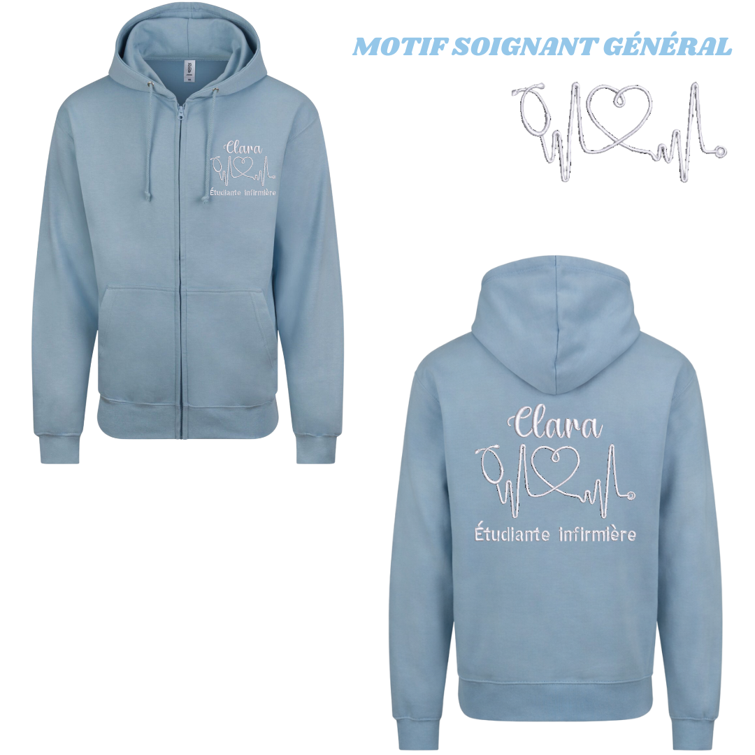 Sweat zip bleu pastel soignant personnalisé