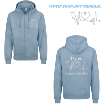 Sweat zip bleu pastel soignant personnalisé