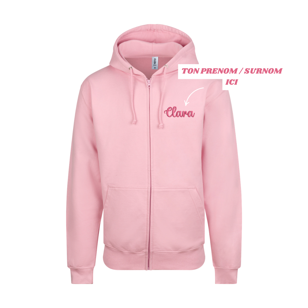 Sweat zip rose pastel soignant personnalisé