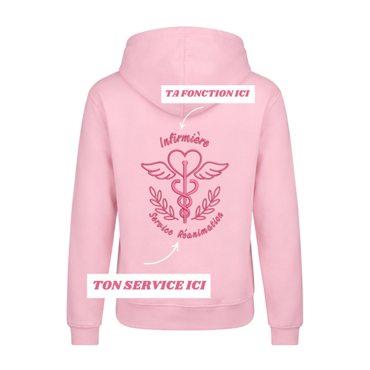Sweat zip rose pastel soignant personnalisé