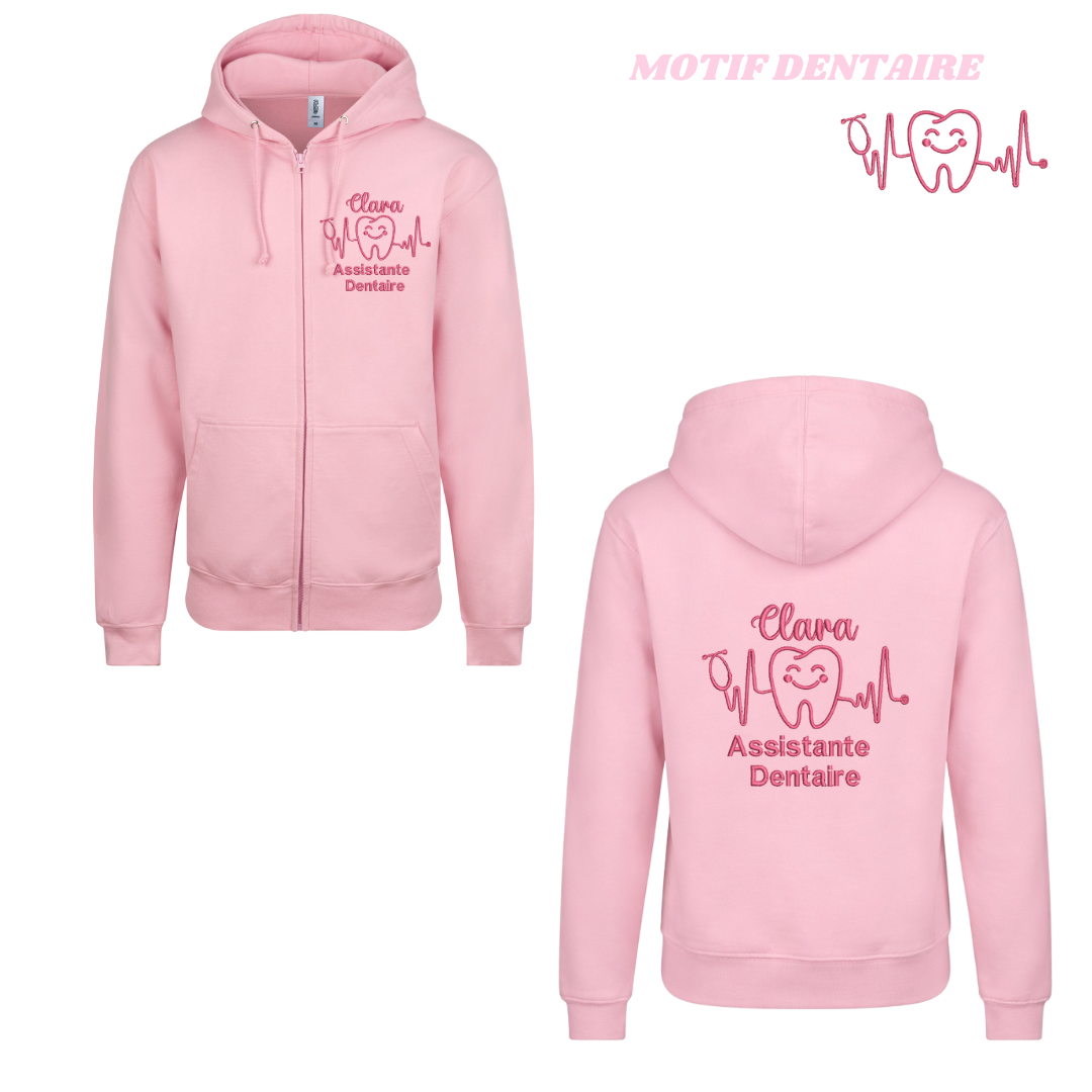 Sweat zip rose pastel soignant personnalisé