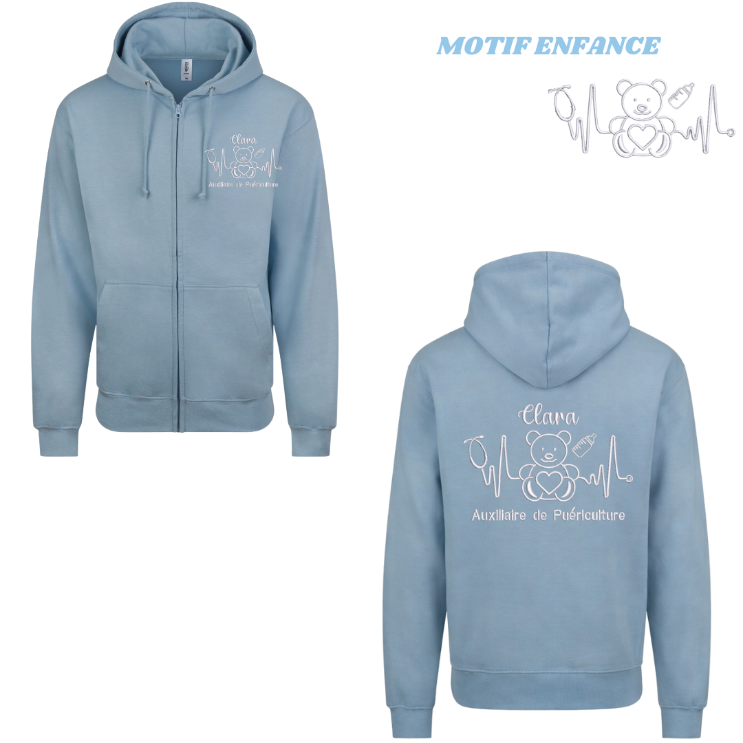 Sweat zip bleu pastel soignant personnalisé