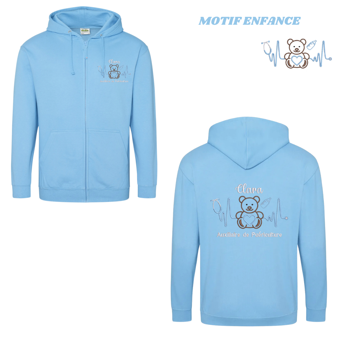 Sweat zip bleu pastel soignant personnalisé