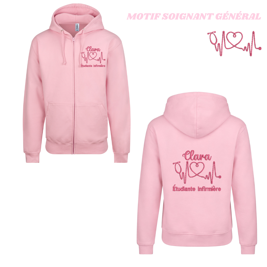 Sweat zip rose pastel soignant personnalisé